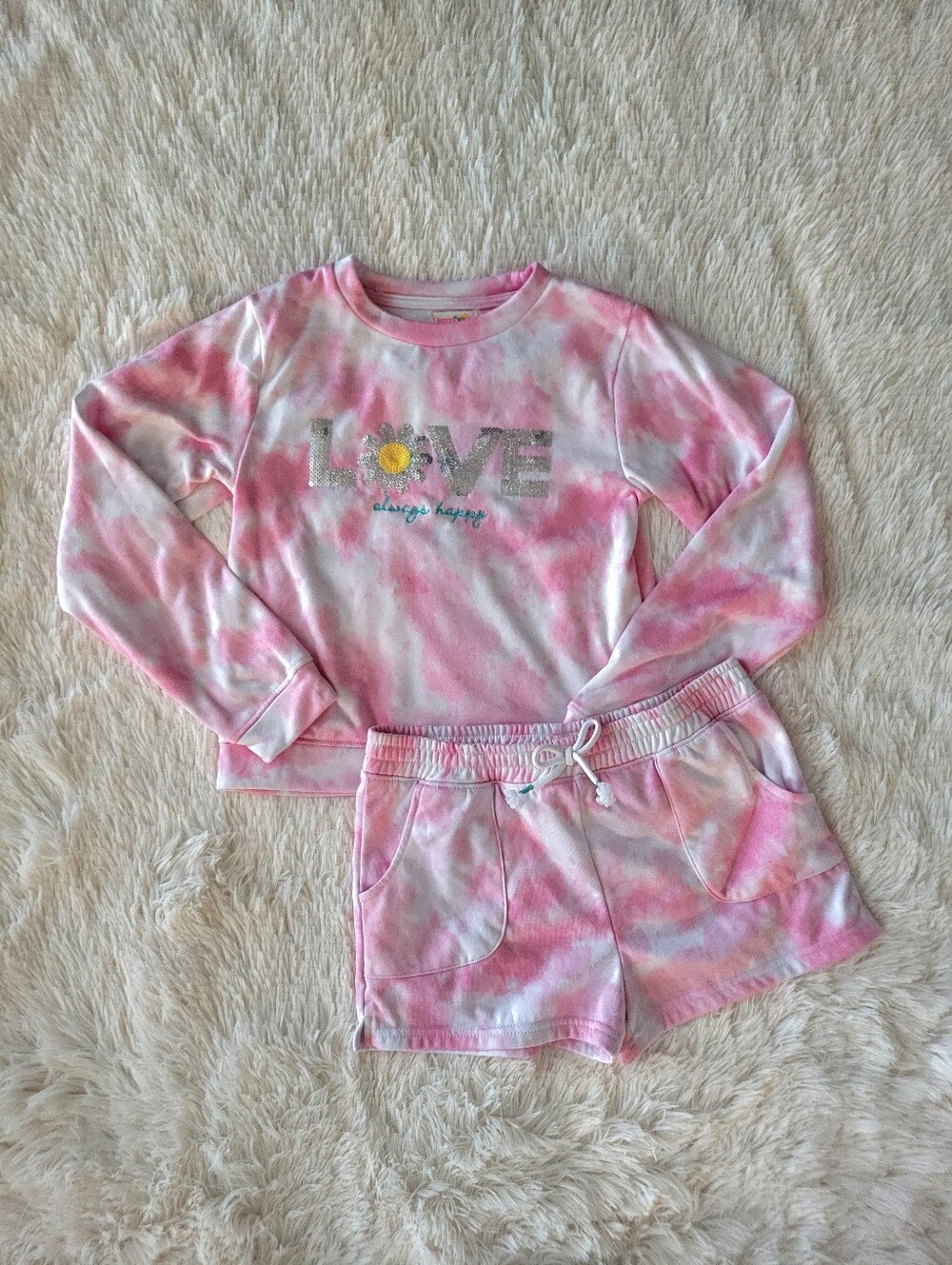 Lemon Kiss 2 Piece Set Tye Dye Pink White Sweatshirt & Shorts Girls Size 12 NWOT